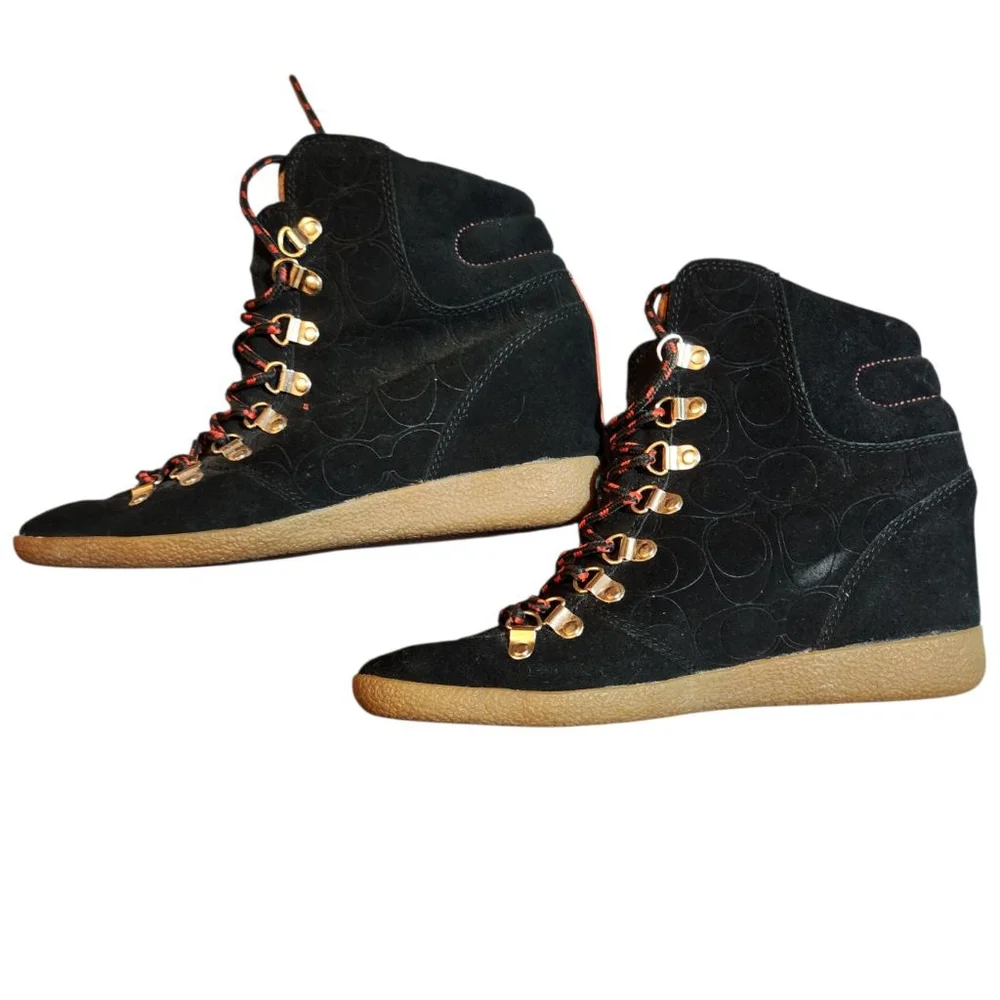 Coach Black Suede Wedge Boots Women's Size 6
